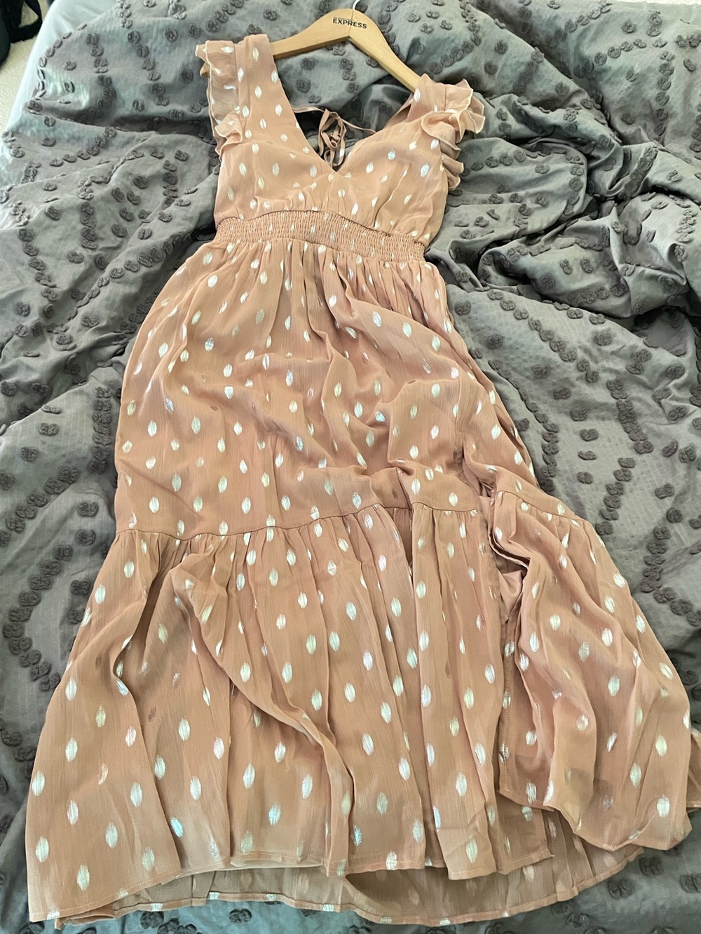 Lulus Dusty Rose Maxi Dress with Metallic Sipver Dot Accents